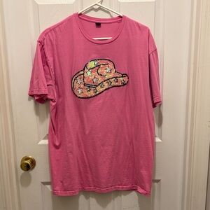 Pink T-Shirt with Sequin Cowboy Hat Design